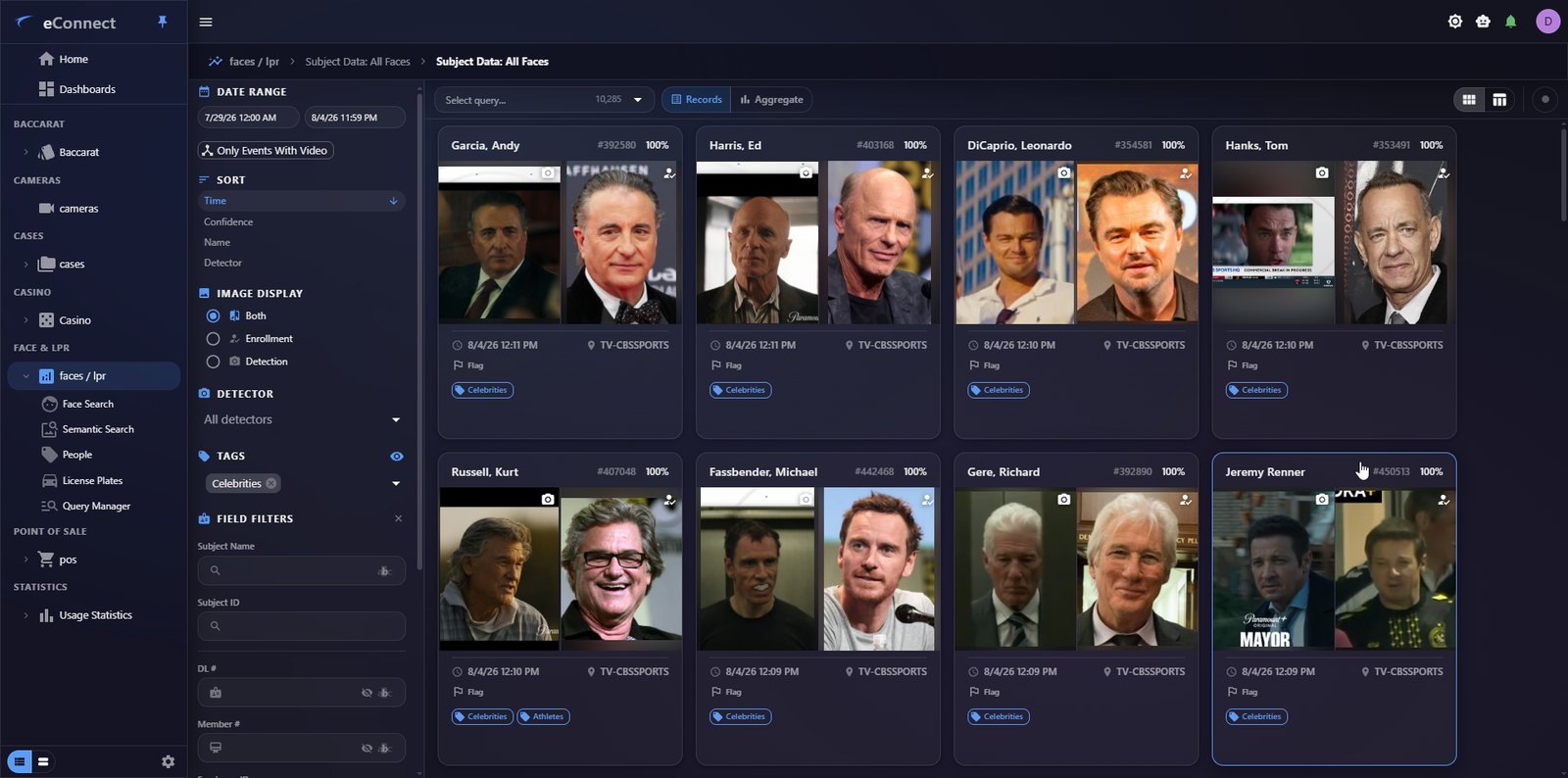 The faces module in the eConnect 11 navigator, showing enrolled subjects with their detections, tags and priority levels