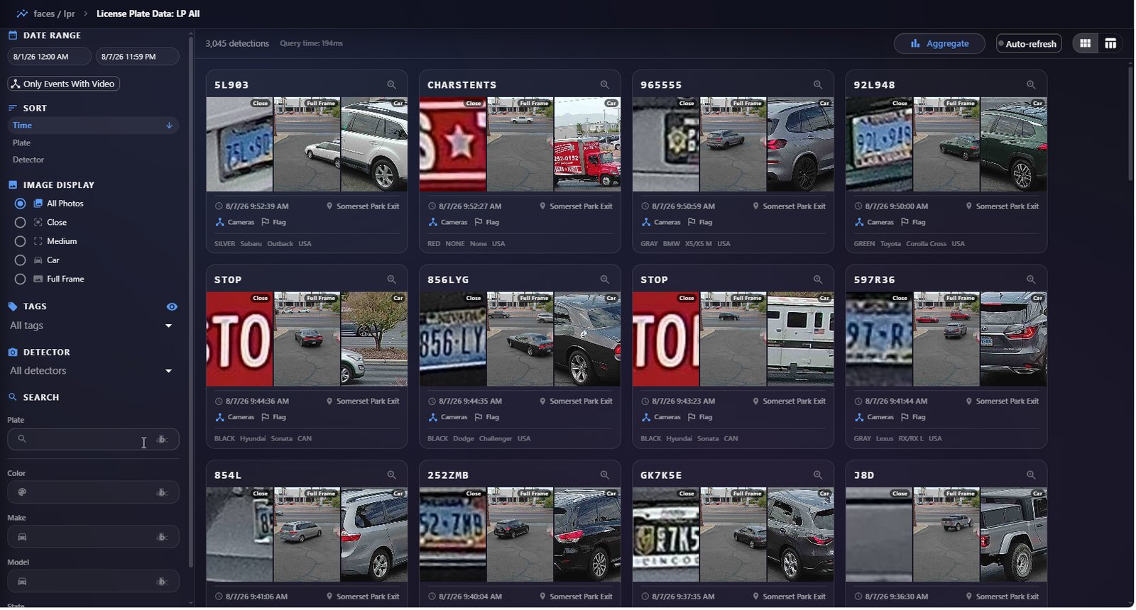 The eConnect 11 license plate data view: a grid of plate reads, each with a close crop of the plate and the full scene