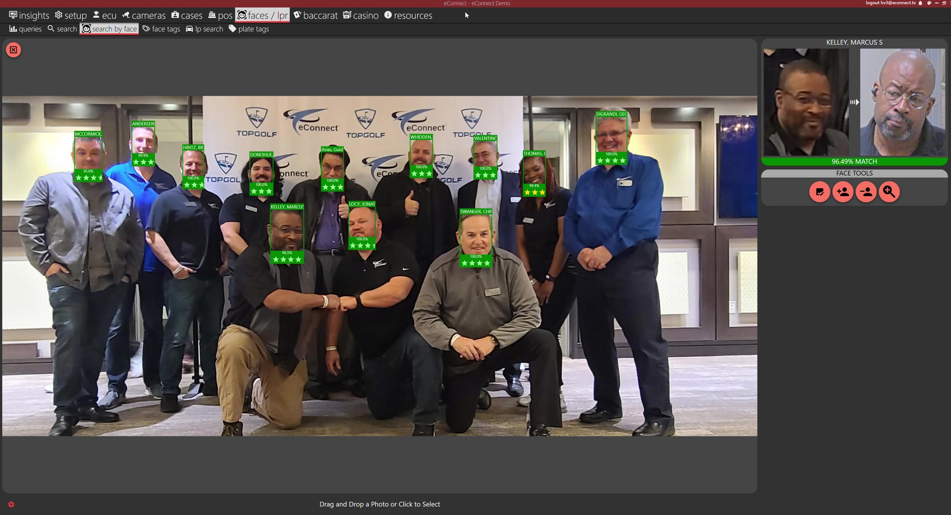 Give eConnect one photo and it finds every match of that person across your property, each a confirmed sighting with the time and place.